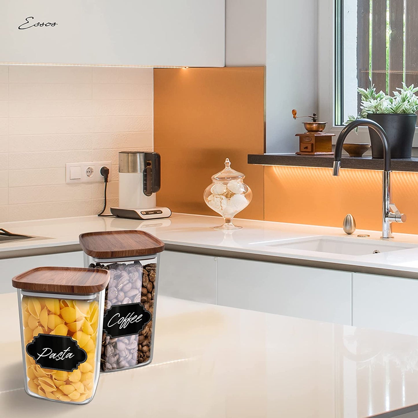 Square Glass Jars with Wood Lids Set of (2) 64 Fl Oz Airtight and Stackable Storage Containers for Kitchen Pantry or Bathroom BPA Free and Recyclable Canister for Food Cookies Coffee Pasta Sugar