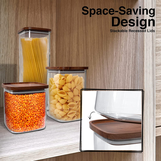 Square Glass Jars with Wood Lids Set of (2) 64 Fl Oz Airtight and Stackable Storage Containers for Kitchen Pantry or Bathroom BPA Free and Recyclable Canister for Food Cookies Coffee Pasta Sugar